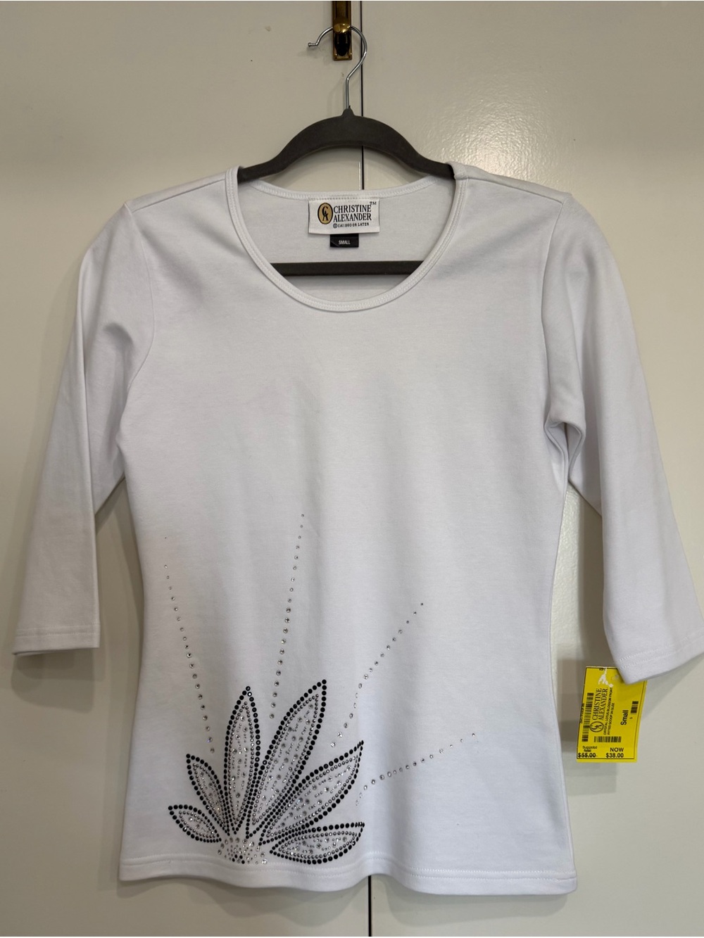 Christine Alexander White Long Sleeve Tee with Crystal Floral Motif